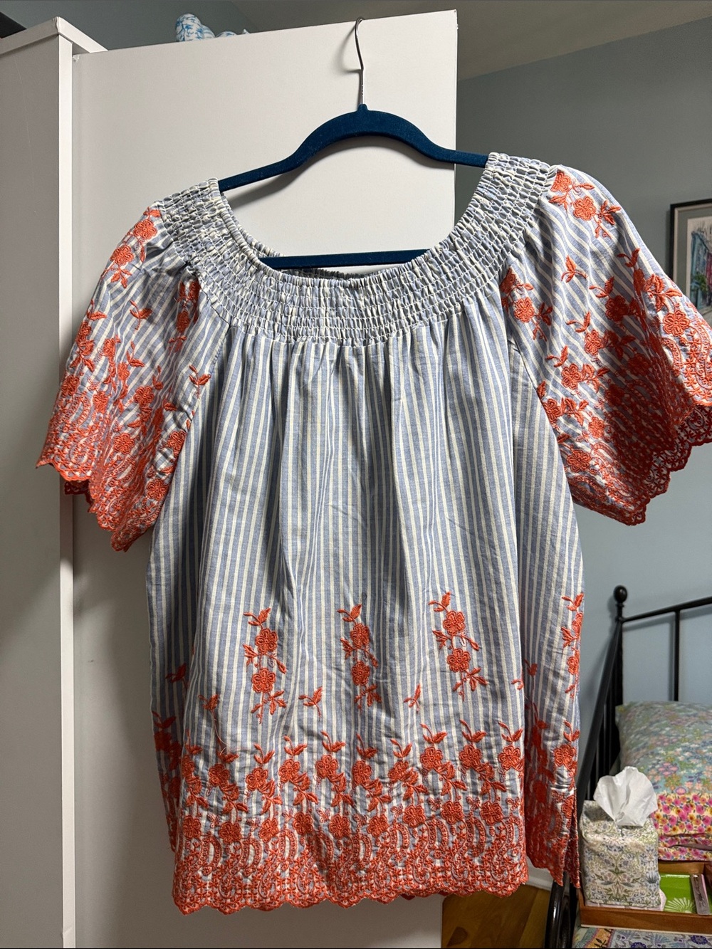 Fever Blue & White Striped Off-Shoulder Top with Orange Floral Embroidery